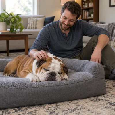 A bulldog sleeps on a thick grey dog bed while its owner strokes its head