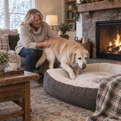 A woman in her fifties laughs as her senior labrador climbs onto a big plush bed by the fireplace