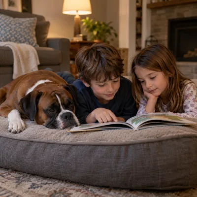 Two kids read a picture book next to their boxer lying on a large dog bed