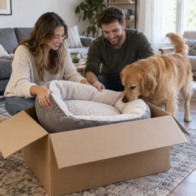 A young couple unbox a large dog bed while their golden retriever sniffs it