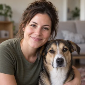A dog trainer in her thirties in a plain olive t-shirt kneeling beside a calm mixed-breed dog