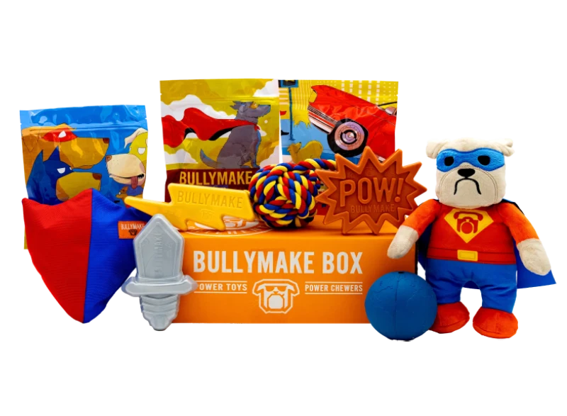 The September 2026 Bullymake Box with superhero-themed toys and treats, including a plush bulldog mascot, rope ball, sword chew toy and shield tug toy