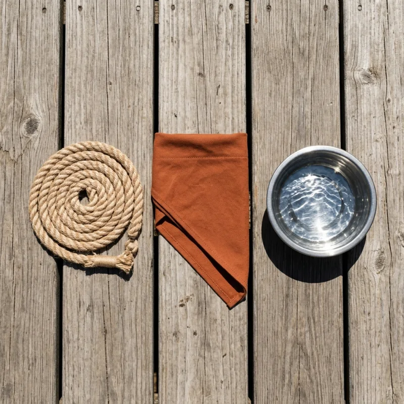 Overhead flat lay on sun-bleached deck boards of a coiled natural rope, a folded rust-colored bandana and a stainless water bowl catching the sun