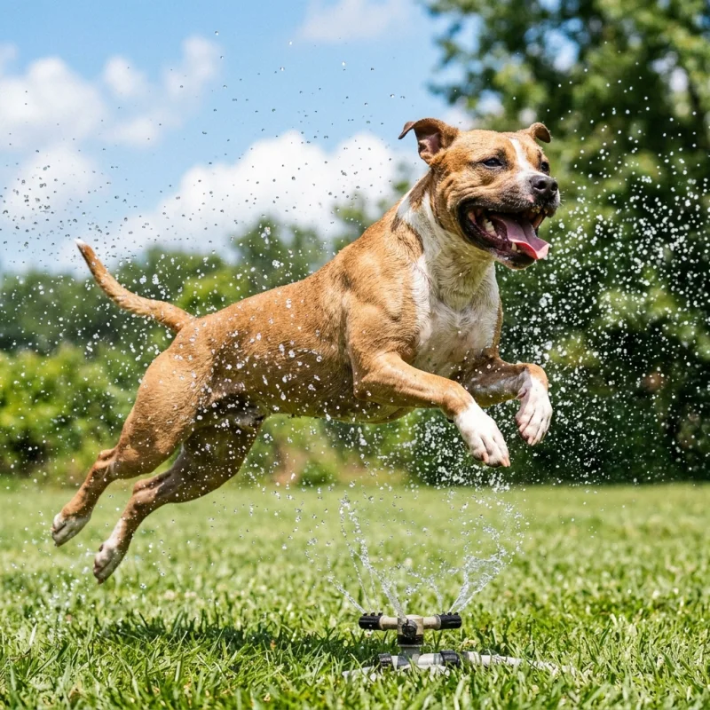 A muscular dog mid-leap through a garden sprinkler's spray in hard midday sunlight, water droplets frozen in the air