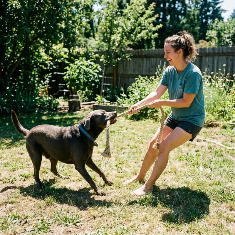 A laughing person and a sturdy dog in a tug-of-war with a plain rope in a sunlit backyard