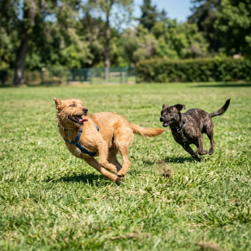 Two dogs mid-chase across an open sunlit lawn, motion blur on their legs, one glancing back with a play grin