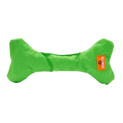 A green ballistic-fabric bone-shaped tug toy with a Bullymake tag, real product photo