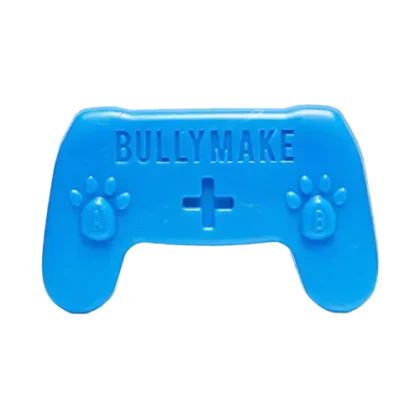 A blue Bullymake-branded nylon chew toy shaped like a game controller, real product photo