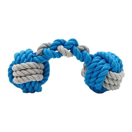 A blue and gray woven cotton rope tug toy knotted at each end, real product photo