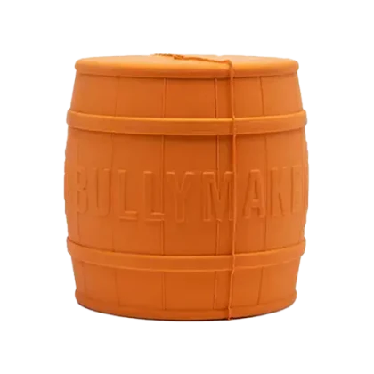 An orange rubber barrel-shaped chew toy embossed with the Bullymake name, real product photo