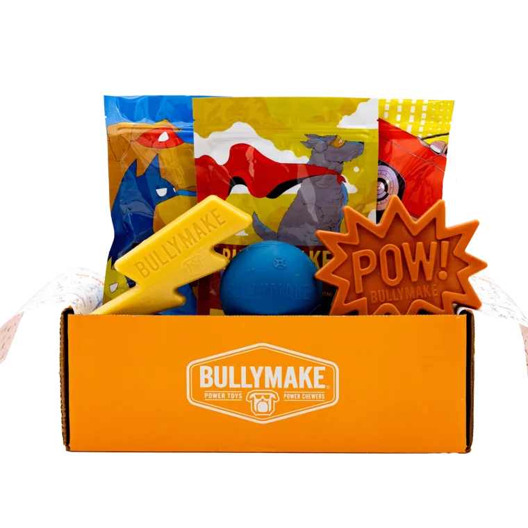 An open orange Bullymake box with the September 2026 toys and treats standing in it: a yellow lightning-bolt chew, a blue rubber ball, an orange POW chew and three treat pouches