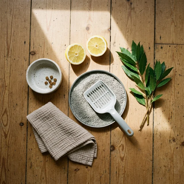 Overhead flat lay on sunlit floorboards of two lemon halves, a small bowl of cat food, a folded cotton cloth, a litter scoop resting on a tray of fresh litter, and a sprig of bay leaves