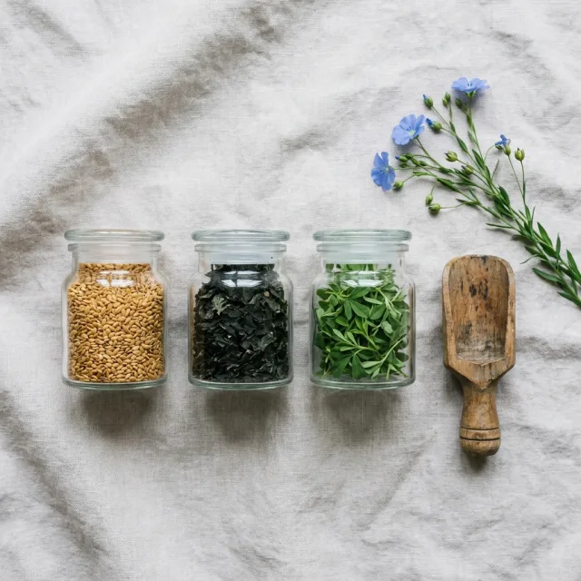 Overhead flat lay of three glass jars holding milled flaxseed, dried kelp and alfalfa sprigs, beside a small worn wooden scoop and a sprig of flax with pale blue blossoms