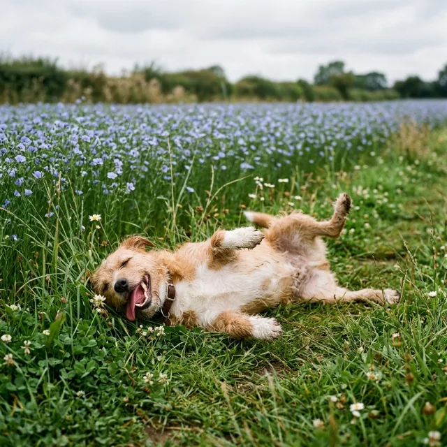 A dog rolling on its back at the edge of a flax field, mouth open in a relaxed grin, soft overcast light