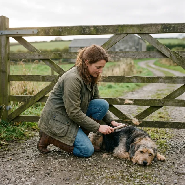 A person kneeling beside a wooden field gate gently brushing a relaxed dog, loose tufts of fur drifting in soft light