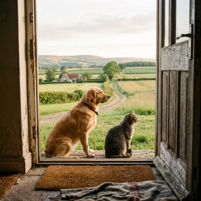 A dog and a gray cat sitting side by side in a farmhouse doorway, looking out over green fields
