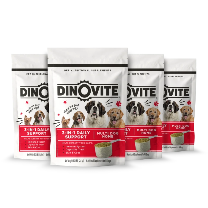 The real Dinovite Multi Dog Homes bag family: four 5.3 lb bags shown together