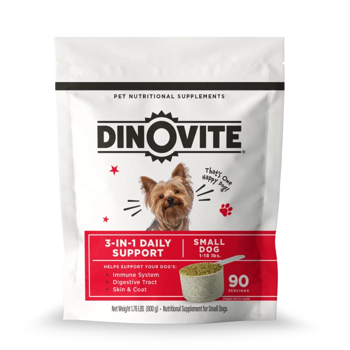 The real Dinovite for Dogs bag: 3-in-1 Daily Support for immune system, digestive tract and skin and coat, 90 servings per bag