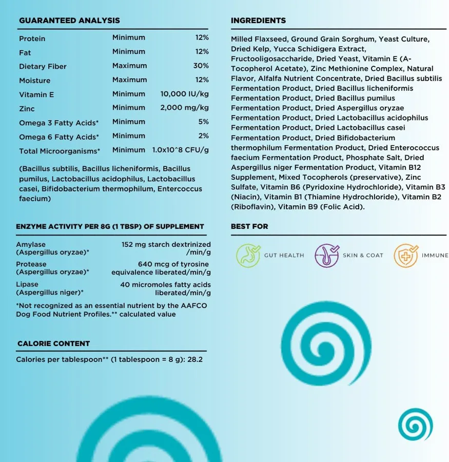 Dinovite's own Guaranteed Analysis and ingredient panel: crude protein minimum 12%, crude fat minimum 12%, dietary fiber maximum 30%, moisture maximum 12%, vitamin E minimum 10,000 IU/kg, zinc minimum 2,000 mg/kg, omega 3 minimum 5%, omega 6 minimum 2%, total microorganisms minimum 1.0x10 to the 8th CFU per gram, beside the full ingredient list