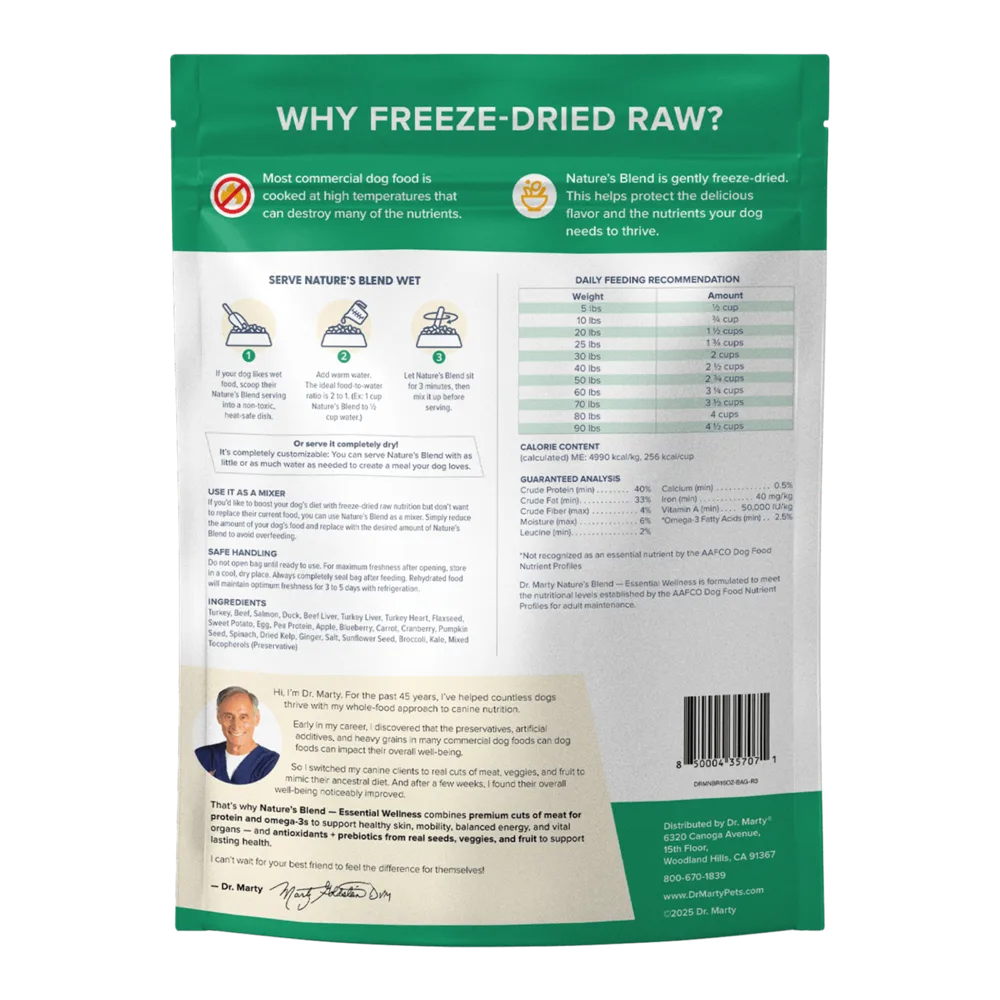 Back of the same bag: serving instructions, the full ingredient list, a daily feeding chart by dog weight, the calorie content and the Guaranteed Analysis panel, beside a signed note from Dr. Marty and the distributor address in Woodland Hills, California