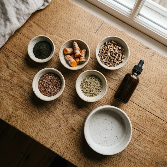 Overhead flat lay of small bowls holding kelp powder, flax seed, turmeric root, chicory root and fennel seed beside a plain amber dropper bottle and a ceramic dog bowl