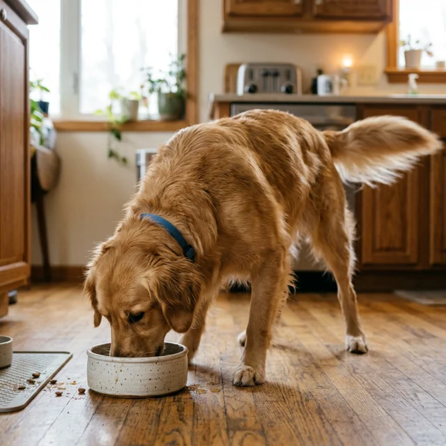 A dog with its nose deep in a ceramic bowl, tail mid-wag, finishing its breakfast in the morning kitchen light