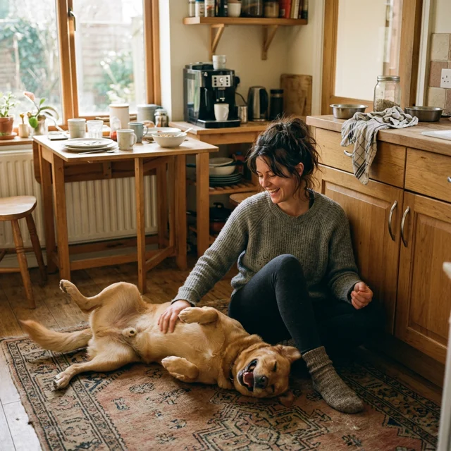 An owner sitting on the kitchen floor giving a relaxed belly rub to a happy dog after breakfast