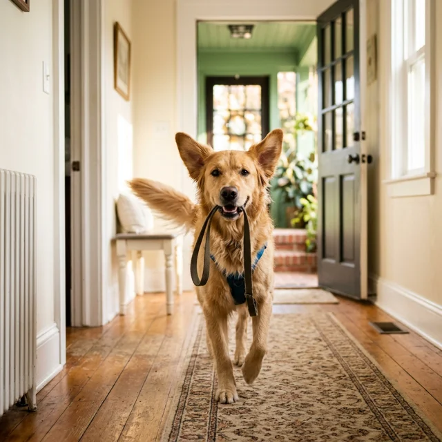 A dog trotting toward the front door with its leash held in its mouth, ears up, in the morning hallway light