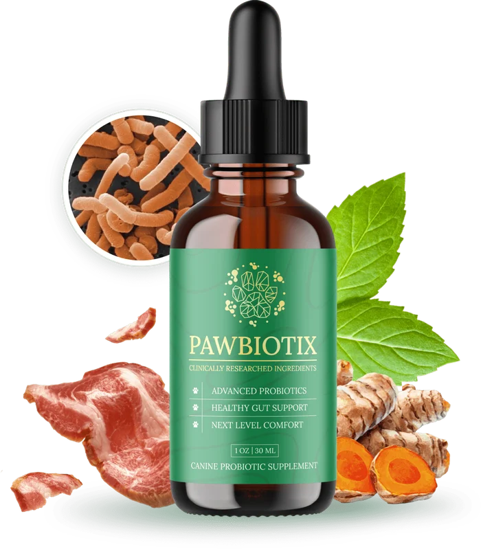 Pawbiotix dropper bottle photographed by the seller: an amber glass bottle with a black dropper cap and a green label reading PAWBIOTIX, Canine Probiotic Supplement, 1 OZ, 30 ML, with bacon and herbs beside it