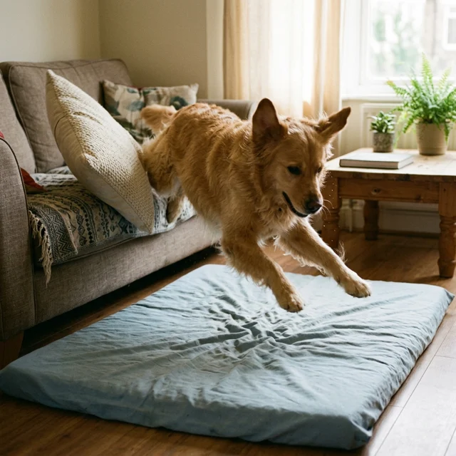 A large dog mid belly-flop onto a pale-blue quilted mat spread beside a sofa in afternoon summer light