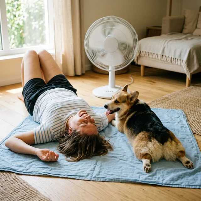 A child and a corgi lying head-to-head on a pale-blue mat on the floor in front of an oscillating fan