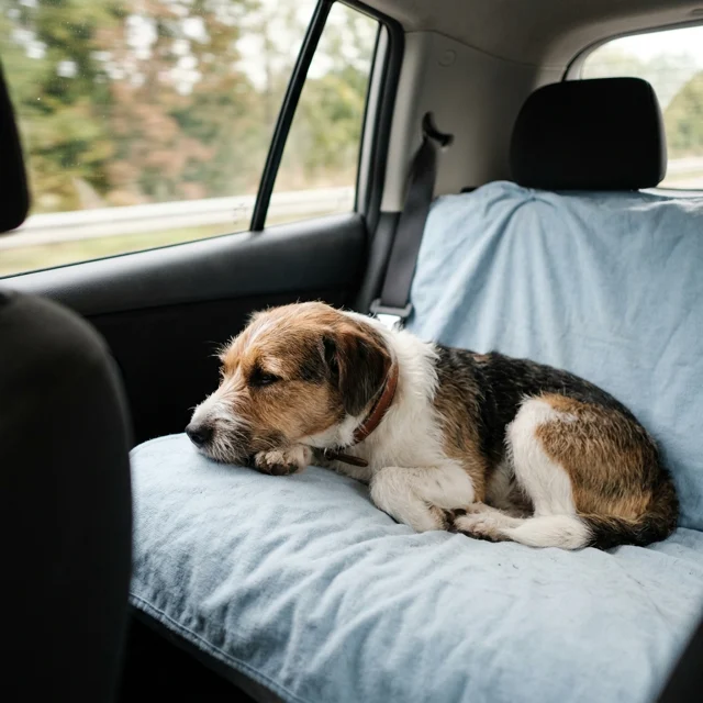 A dog settled on a pale-blue mat across the back seat of a car, window light and blurred trees outside