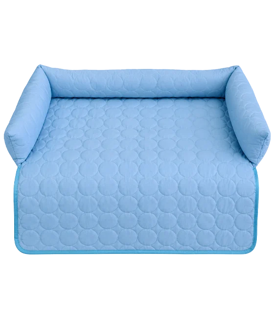 Pawlax cooling mat as the vendor shows it: a light blue quilted couch protector with raised bolsters on three sides