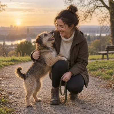 A woman crouching on a park path at sunrise as a terrier puts its paws on her knee