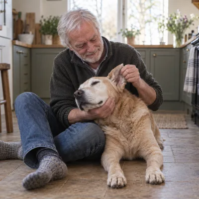 A man in his sixties checking an old labrador's ears on a kitchen floor