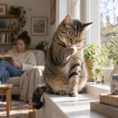 A tabby cat washing a paw on a bright windowsill, a woman reading behind it