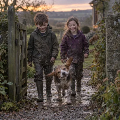 Two children and a beagle coming through a garden gate at dusk, the dog mid-shake