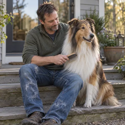 A man brushing a long-haired collie on a back step, fur on his jeans