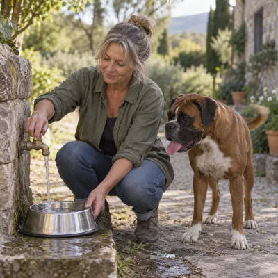 A woman filling a water bowl at an outdoor tap while a boxer waits