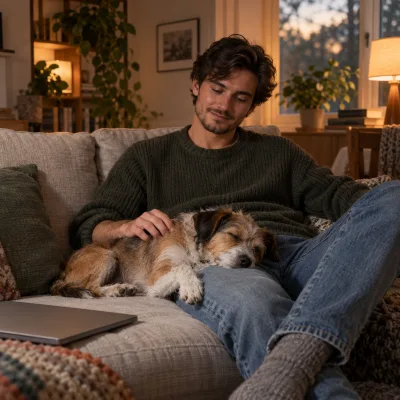 A young man on a sofa with a small rescue dog asleep across his lap