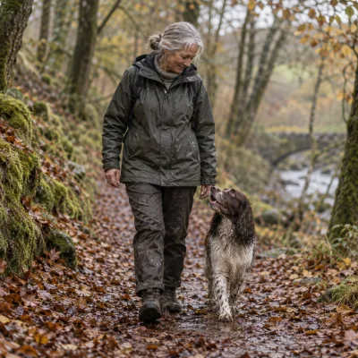 An older woman on a forest track with a wet spaniel looking up at her
