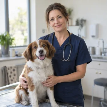 A veterinarian in scrubs with a stethoscope, standing beside an examination table with a dog