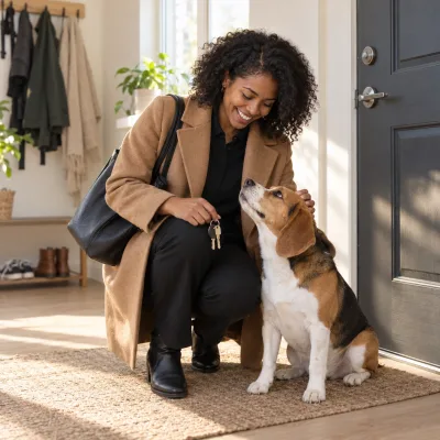 A woman in her early thirties crouching by her front door with a work bag on her shoulder, laughing as her beagle sits at her feet looking up