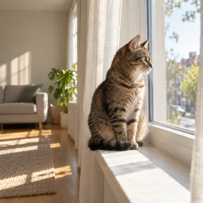 A tabby cat sitting on a sunny windowsill in a quiet, empty living room, looking out at the street