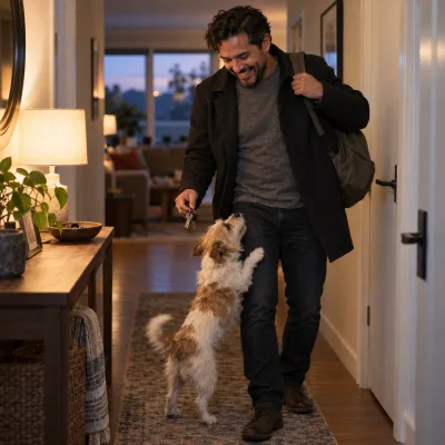 A man in his early forties laughing in his hallway as a small terrier jumps up at his legs, keys still in his hand