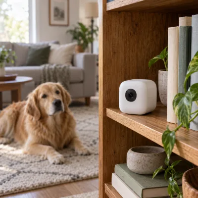 A small plain white pet camera standing on a wooden bookshelf beside books and a plant, a golden retriever lying on a rug in the soft-focus background