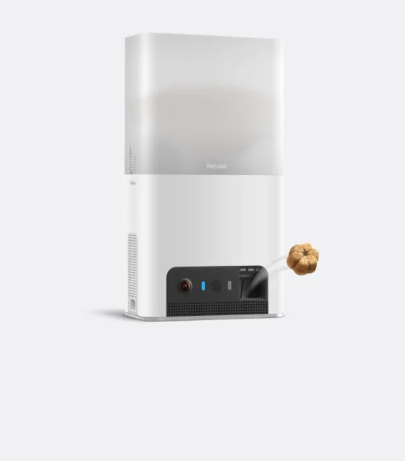 The Petcube Bites 2 Lite as Petcube shows it: a tall white treat dispenser with a camera strip at the base, flinging a single biscuit