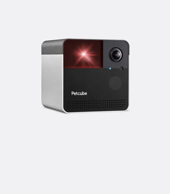 The Petcube Play 2 as Petcube shows it: a silver and black cube camera with the red laser lit on its front panel