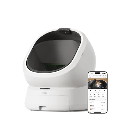 The Petlibro Luma smart litter box as Petlibro photographs it: white dome-shaped unit with the drawer below and the app screen beside it
