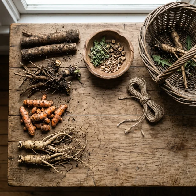 Overhead flat lay of foraged roots, dried herbs, turmeric root and a wicker basket arranged on a raw wood table